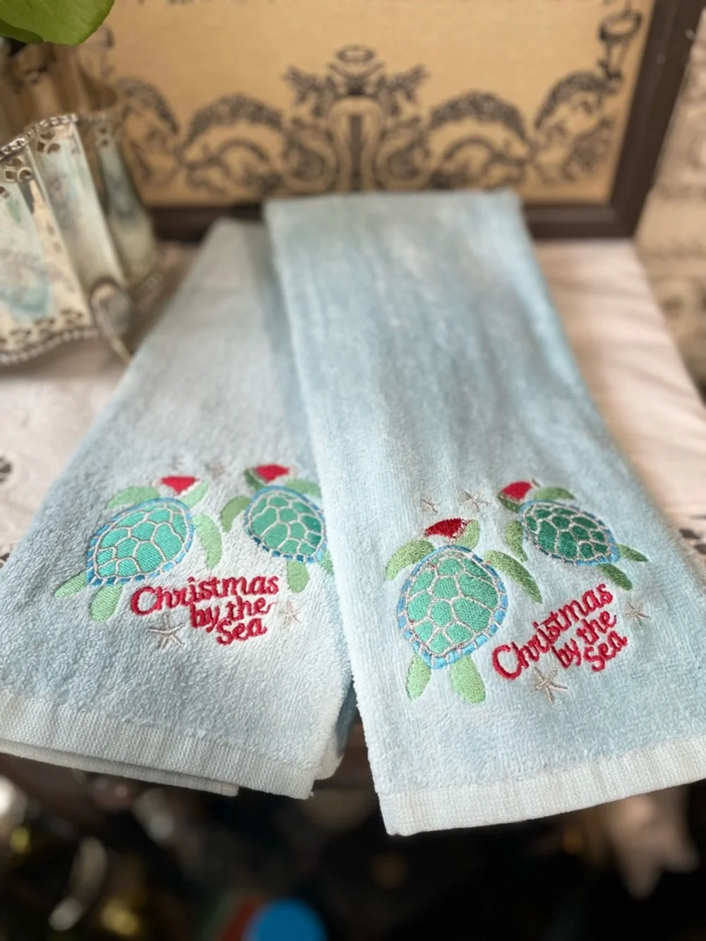 Sea Turtles beach coastal bathroom hand towels blue